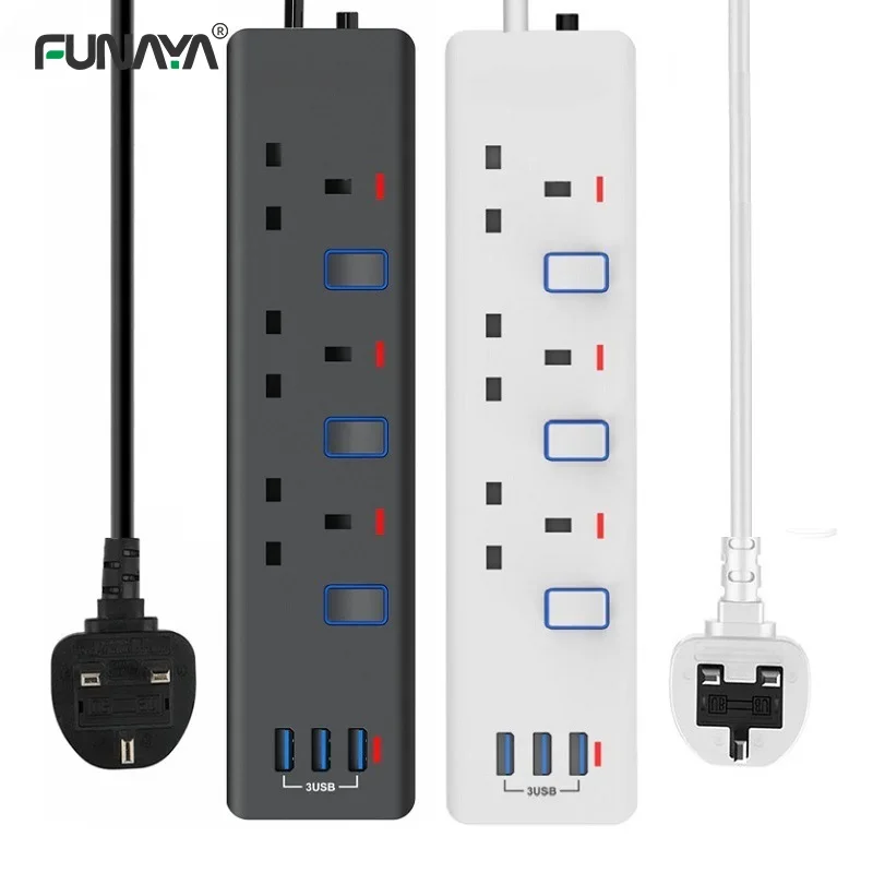 

UK Power Strip Plug 3 Usb Overload Protection AC 220v Independent 13A Switches Hong Kong Row Terminal 3000w Home Wall Sockets