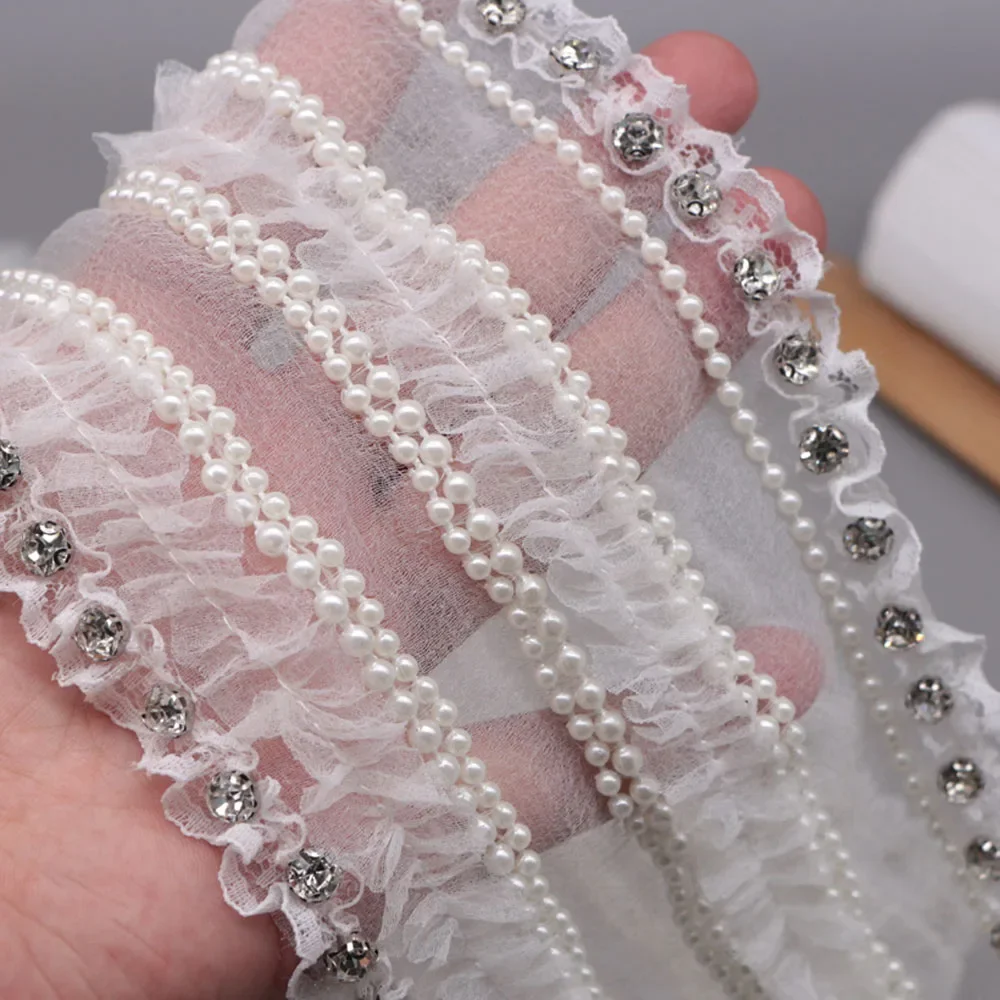 15cm*1yard Rhinestone pearls beaded lace trim for clothes bags Handmade beading appliques patch diy sewing accessories Ribbons