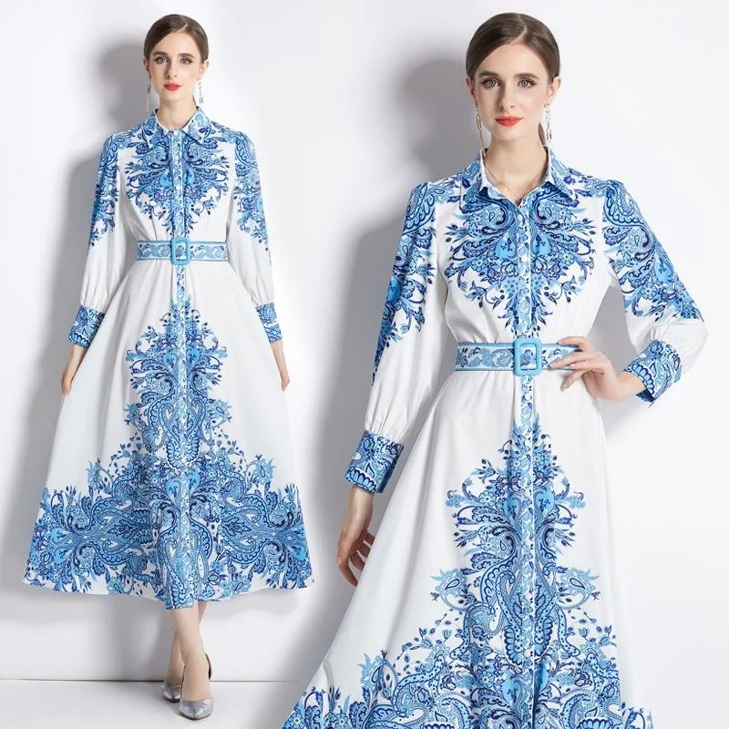 

Fashion New Ethnic Female Robe For Autumn Slim Waist Single Breasted Feminino High Class Blue Color Floral Women Dresses
