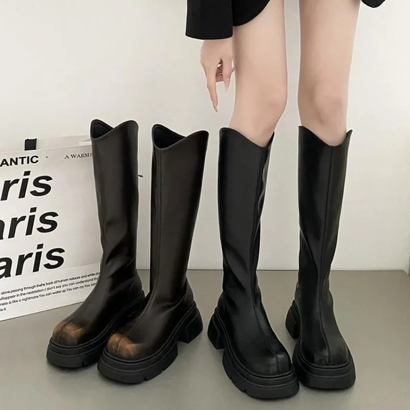 

Slim Black Thick Sole Boots for Women's Long Boots 2023 New Autumn Retro Thick Heel Knight Boots womens shoes
