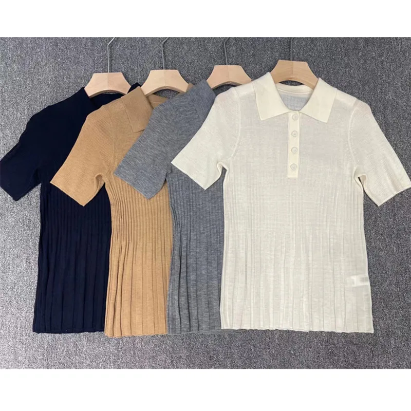 

2023 Summer Autumn New Worsted Cashmere Solid Color Lapel Thin Section Short-sleeved Knitted Sweater