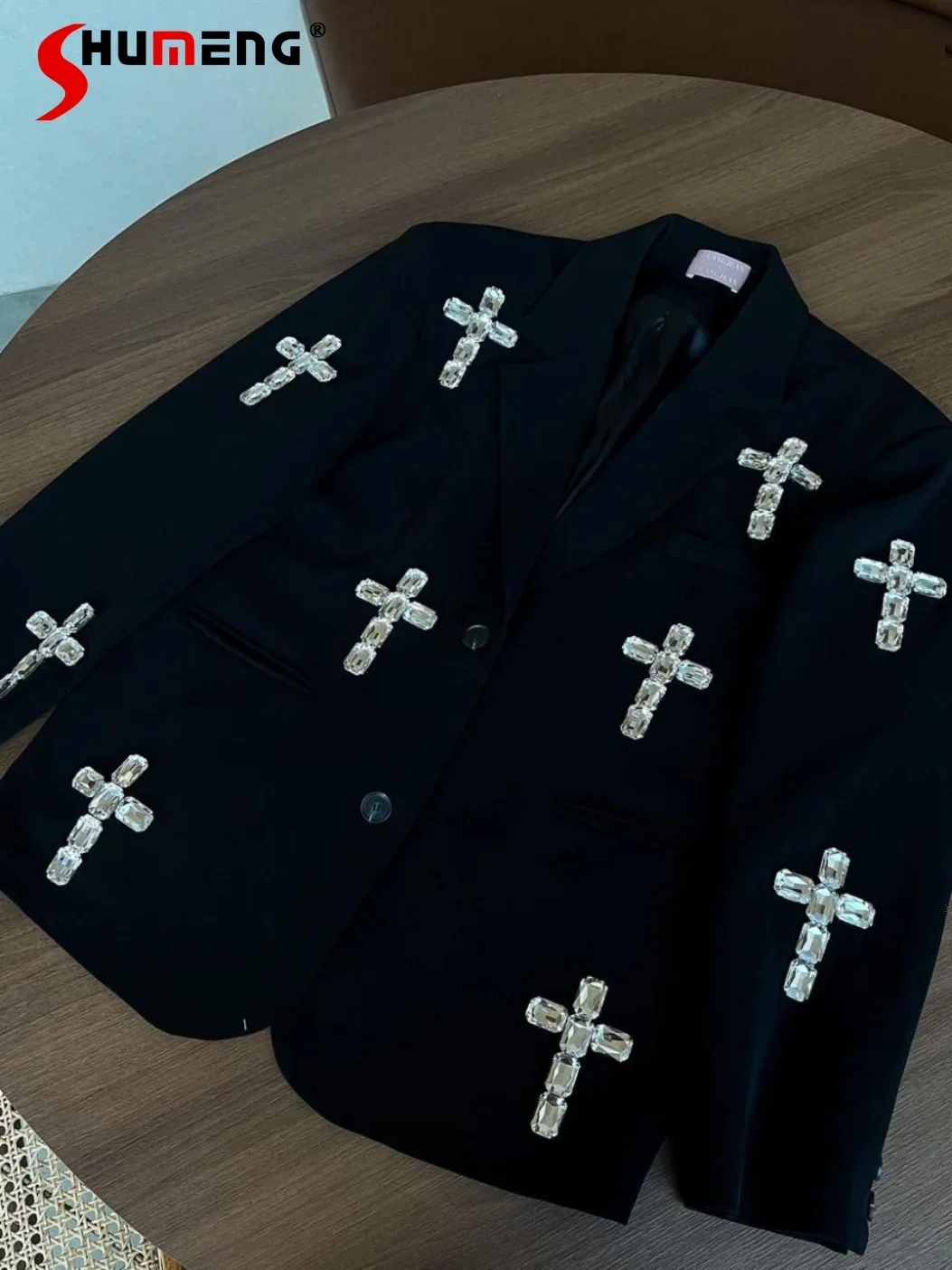 European Crystal Rhinestone Beaded Black Blazer Female 2023 Autumn New Loose Women Suit Collar Long Sleeve Mid-length Suit Coat