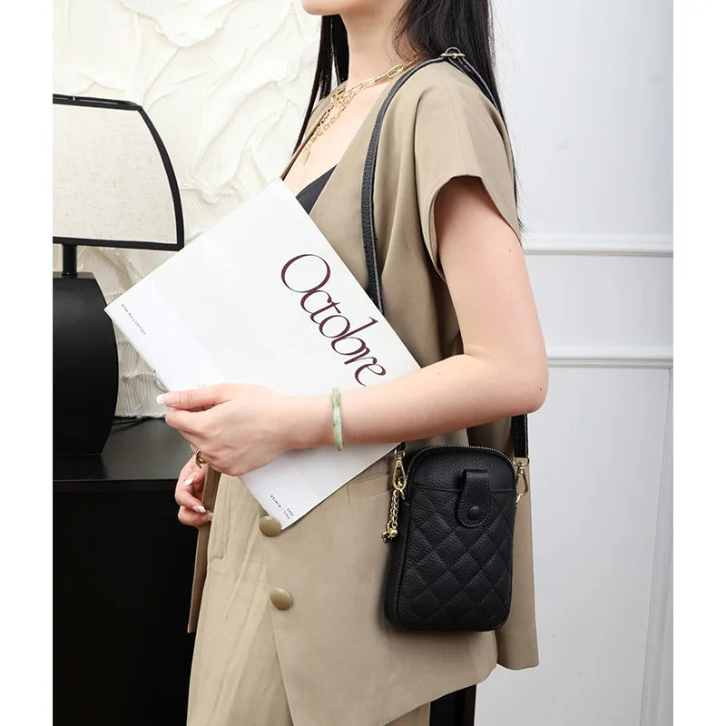 Genuine Leather Fashion Diamond Lattice Design Shoulder Bags for Women Crossbody Bag Woman Casual Lady Clutch Phone Pocket Purse