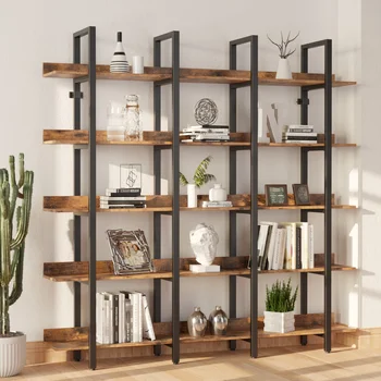 IRONCK Bookcase and Bookshelves Triple Wide 5 Tiers Large Open Shelves, Etagere Bookcases with Back Fence for Home Office Brown 1