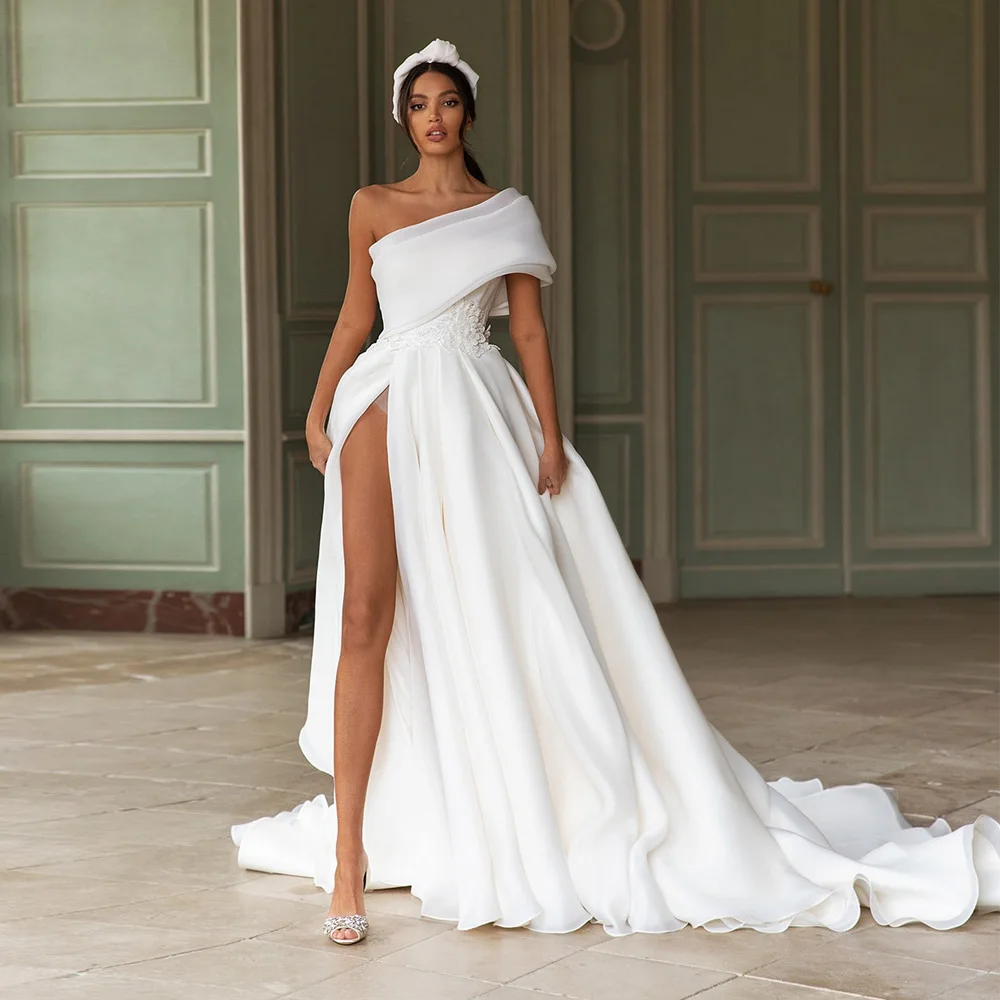 

Robes De Mariage Organza Wedding Dress One Shoulder Sexy Trouwjurk Slit Skirt Simple Abito Da Sposa Bow Back Hochzeitskleid 202