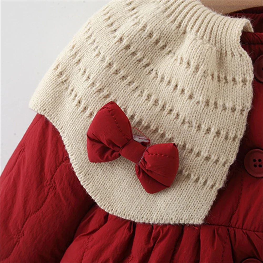 (0-3) Baby Girl Coat Winter Button Double Bow Decoration Big Neck Long Sleeve Cotton Coat Thick Velvet
