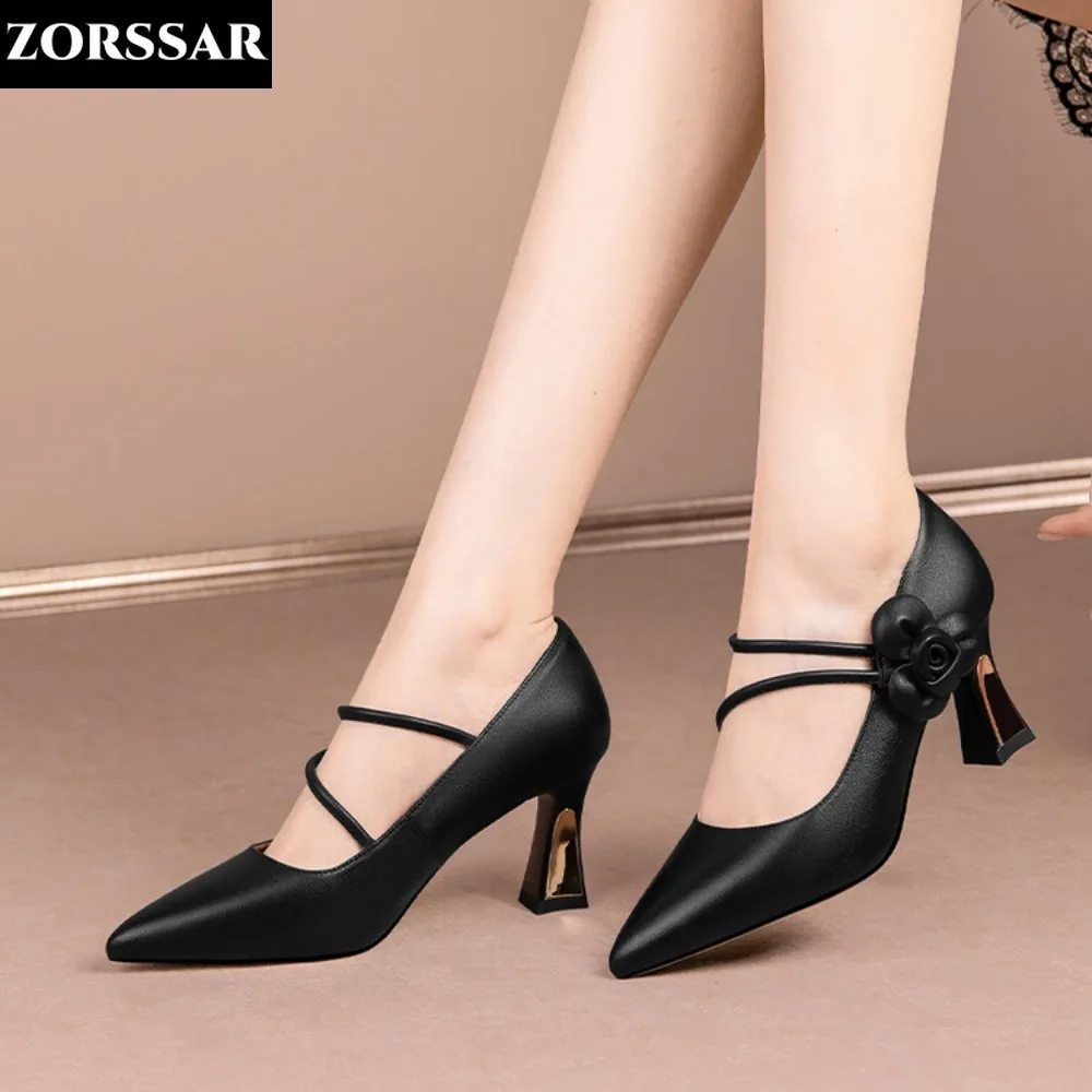 

Mary Jane Shoes Elegant Women Pumps Flower Genuine Leather Women Banquet Shoes Pointed Toe High Heels Large Size 33-43