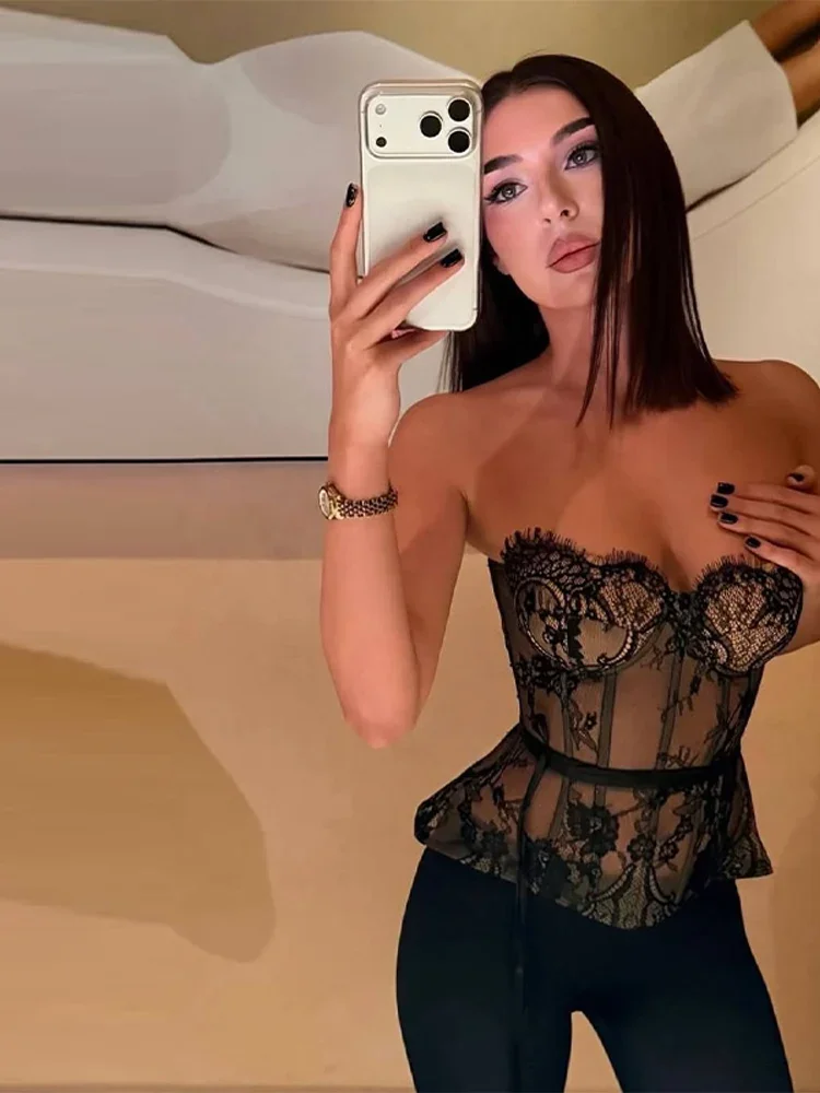 Damen Transparentes Spitzen-Korsett-Top Schwarzes Bustier mit Knochenverstärkung Trägerloses Oberteil Sweetheart-Ausschnitt Party Crop Top Frühlings-Outfit Clubwear Damenkleidung – Detail 10