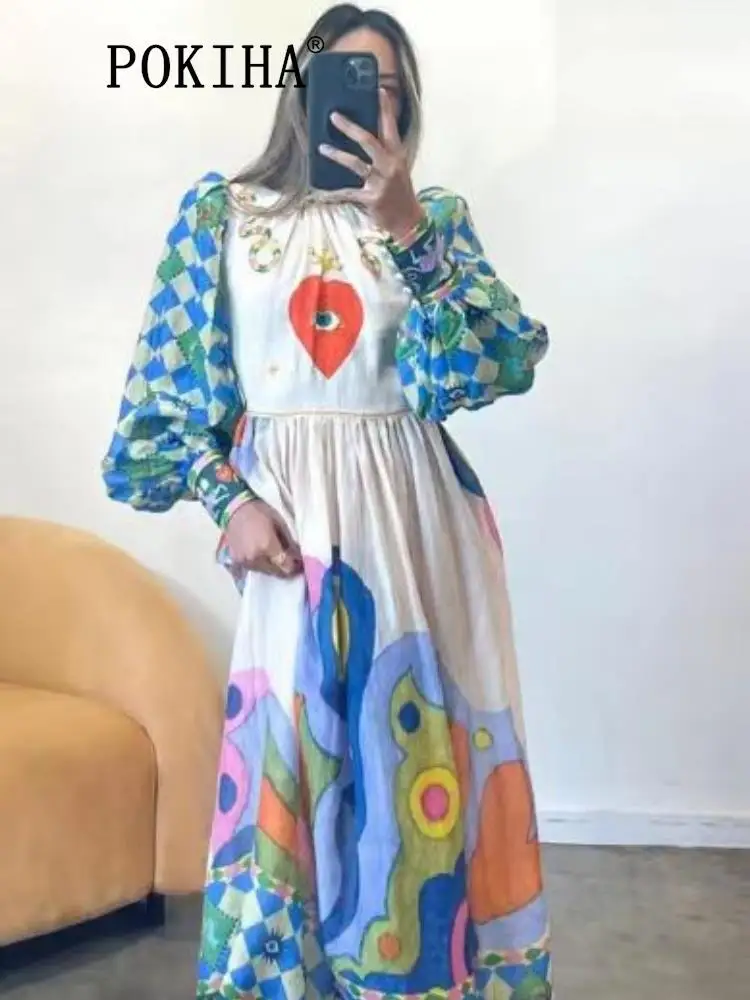 

KAAAZI Fashion 2023 Women Graffiti Print Lantern Sleeve Maxi Dress Vintage Female Long Dresses Vestidos Mujer Chic Casual Robe