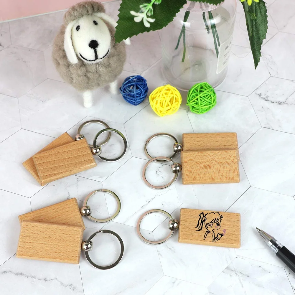 

100Pcs DIY Blank Wooden Key Chain Rectangle Heart Round Ellipse Carving Key Ring Wood Key Chain Ring