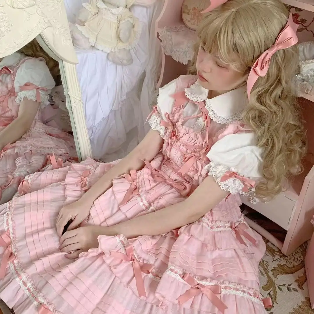 Lolita Dress Lolita Suspender Dress Lolita Cosplay Costumes Suspender Dress Summer Japanese Lolita JSK Dress Sweet Lolita Straped Dresses Female Girls TALI Contrast Bow JSK Women Lace Loli Kawaii Dress