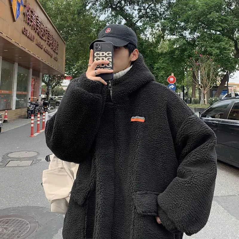 

Men Oversized Hoodie Lamb Wool Coat Men's Plus Velvet Thick Winter Padded Jacket Casual New Korean Loose Warm Cotton Outerwear