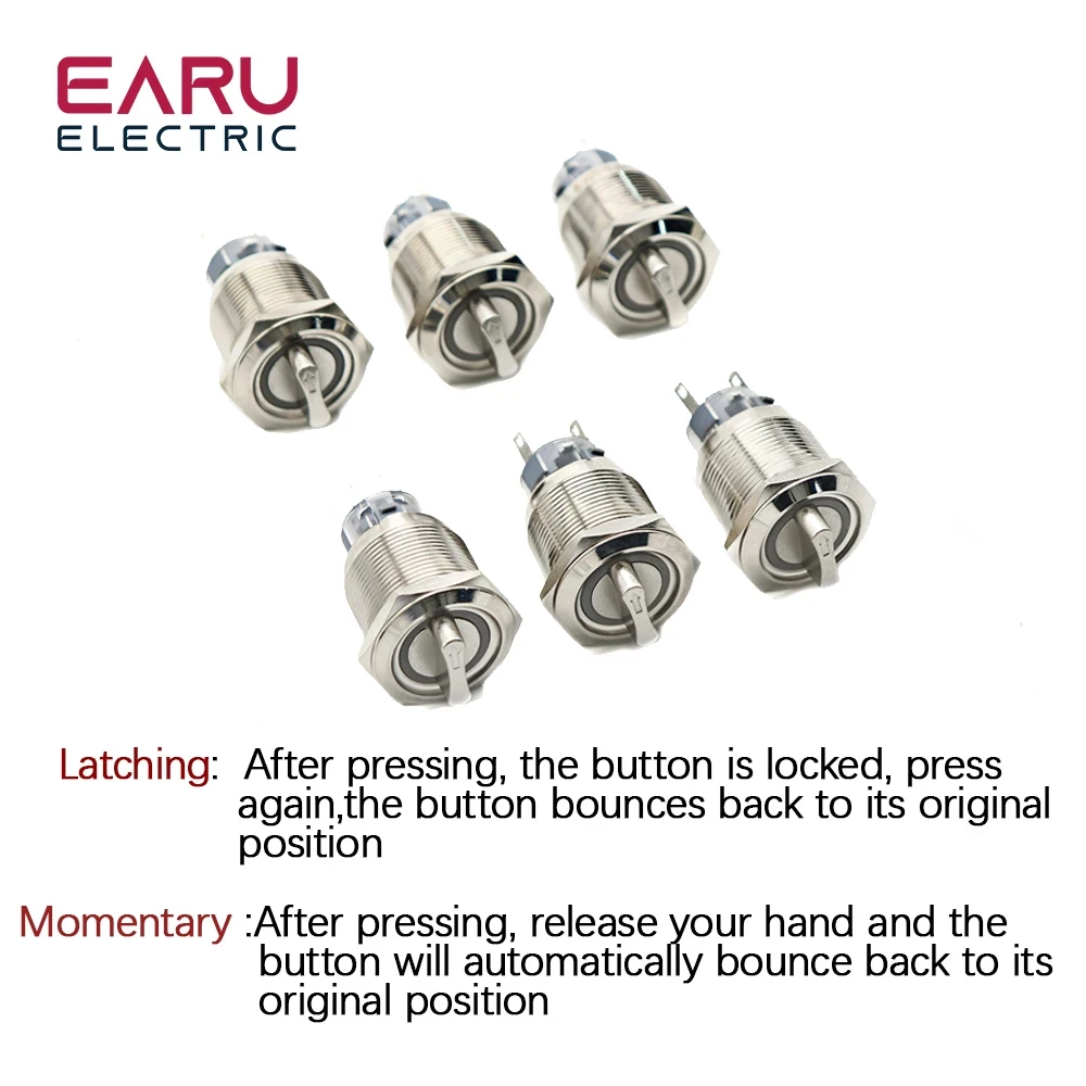 Selector Knob Self-return Momentary Self-locking Fixation Waterproof DPDT Metal Selector Knob Rotary Switch 2 3 Position LED Lamp 19/22MM
