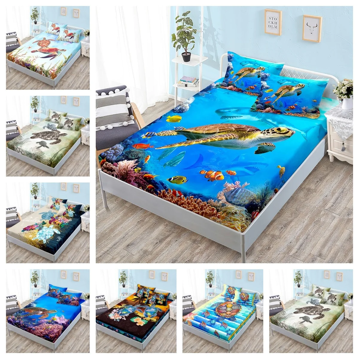 Ocean World Turtle Fitted Sheet Bed Mattress Protector Fashion Bedding Elastic Bed Sheets Kids Twin Full Queen King Bed Cover 6