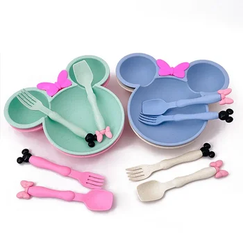 Wheat Straw Bowl Children Cartoon Tableware Set Baby Dinner Plate Baby Training Bowl Spoon Fork for Kids Baby Kids Plate