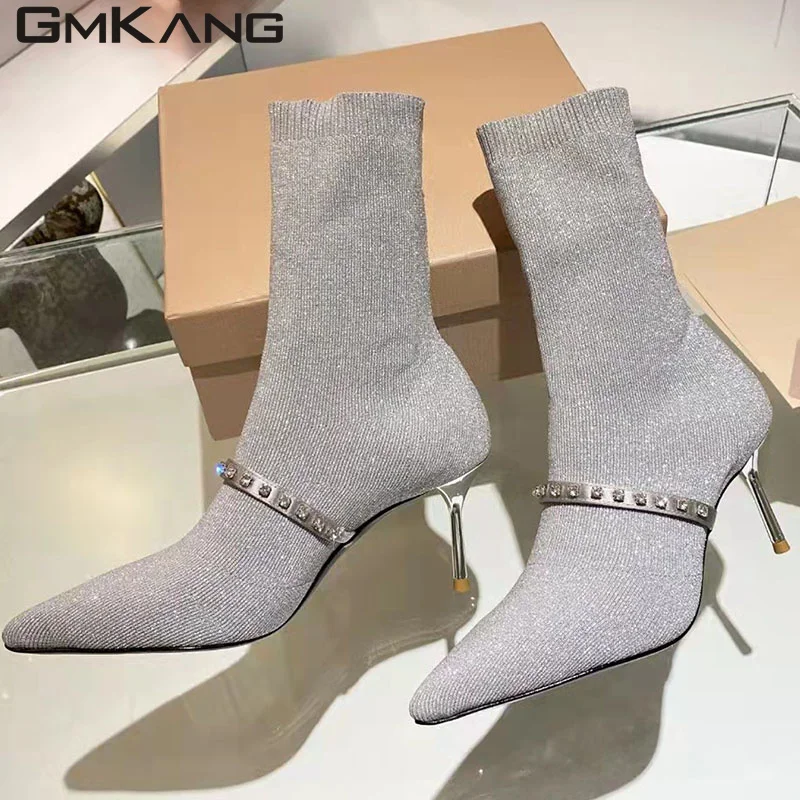 Runway High Heel Knit Boots Women Black Silver Stretch Sock Boots Rhinestone Wedding Shoes Women Stiletto Modern Boots Woman
