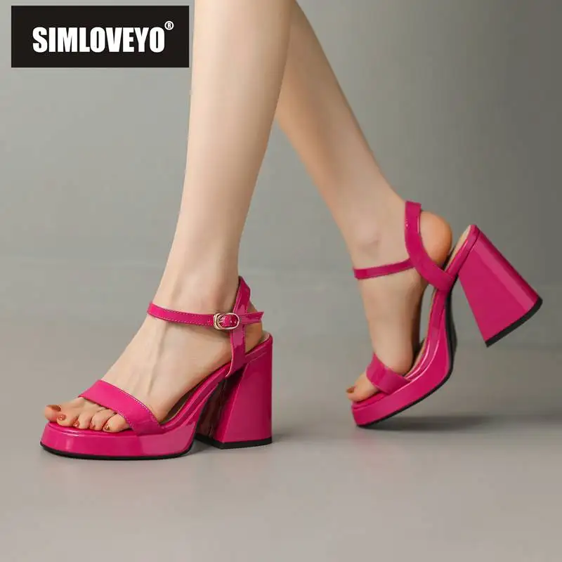 

SIMLOVEYO Ladies Sandals Patent Leather Open Toe Chunky Heel 9.5cm Platform 2cm Buckle Strap Big Size 41 42 43 Sexy Dating Shoes