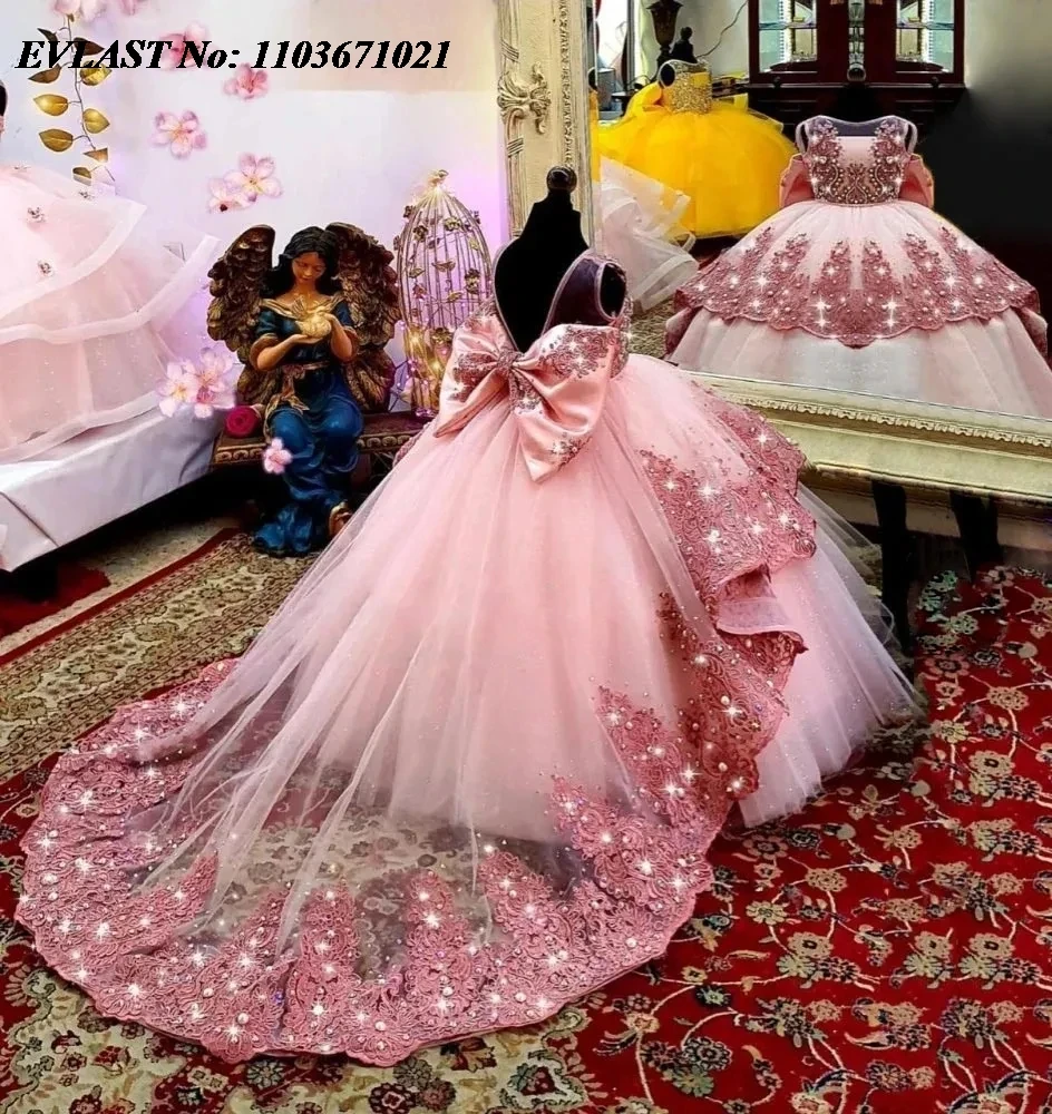 EVLAST Pink Flower Girl Dress for Wedding Little Girls Birthday Party Gown Beaded Pageant Dress for Photoshoot FD53