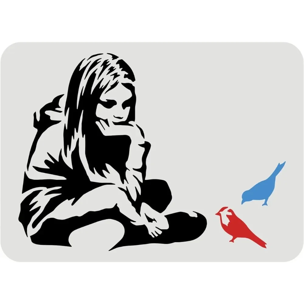 

Banksy Girl with Blue Bird Stencil 11.7x8.3inch Reusable Banksy Drawing Stencil DIY Craft Banksy Decoration Stencil for Painting