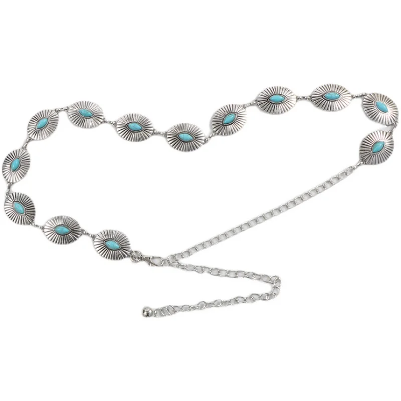 

Vintage Metal Alloy Waist Belt for Women Behomian Turquoise Stone Curving Metal Waist Chain Summer Dress Belts Dance Belly Chain