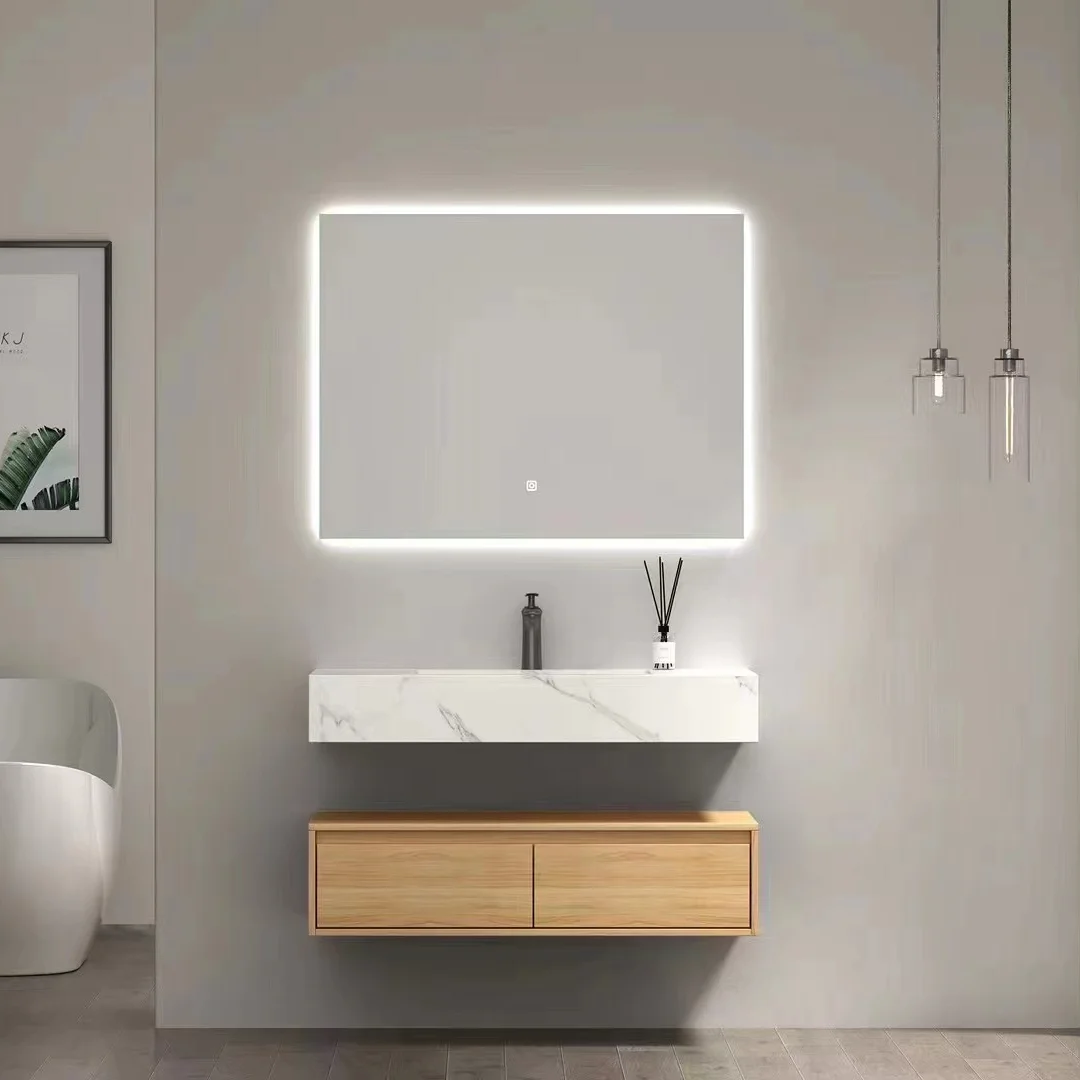 Luxury Modern Hotel Bathroom Vanity Customizable Solid Wood Rock Panel With Smart Mirror Black Color Combination Bathroom Vanity