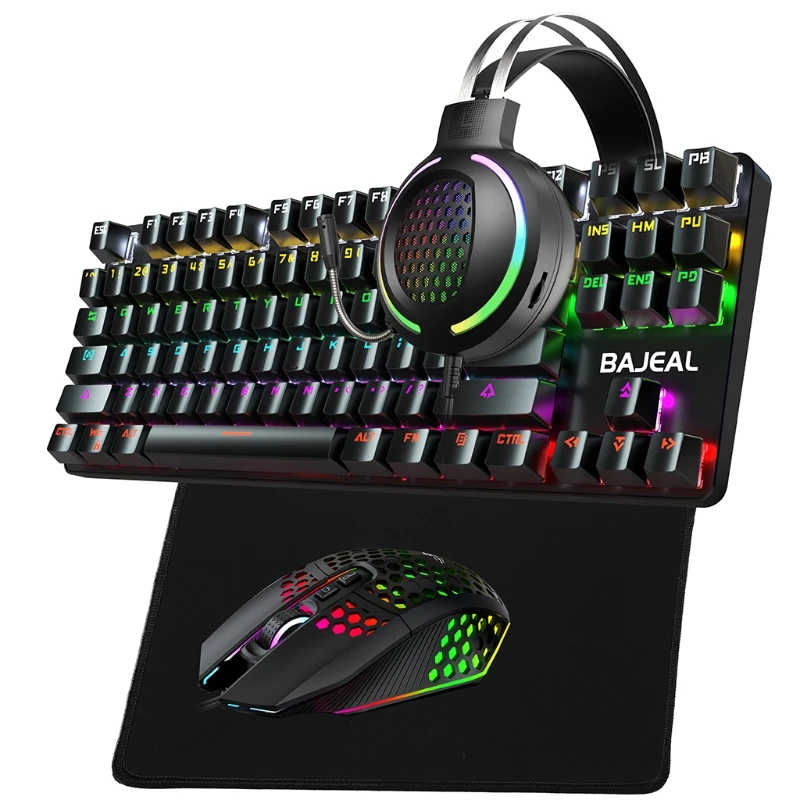 

4 in 1 Gaming Sets Mechanical Keyboard & Mouse & Mouse mat & Gaming Headset LED RGB Backlight Bundle USB