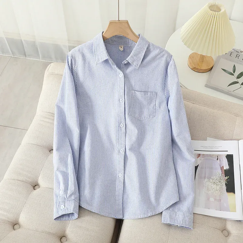 Elegant Women's Blue Striped Shirt New Spring Autumn Korean Style Loose-Fit Lapel Cardigan Long Sleeve Top Trendy