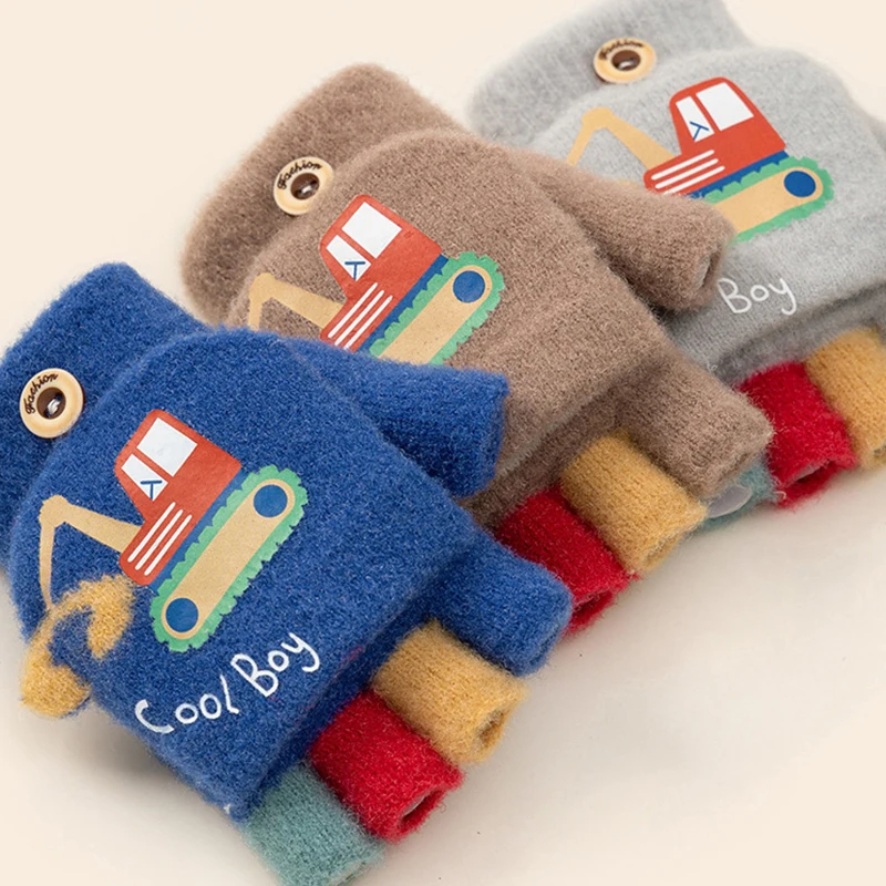 Winter Gloves Baby Mittens Cartoon Winter Gloves for Boy Cute Excavator Thick Warm Kids Half Finger Flip Mittens Outdoor Toddler Windproof Children Gloves