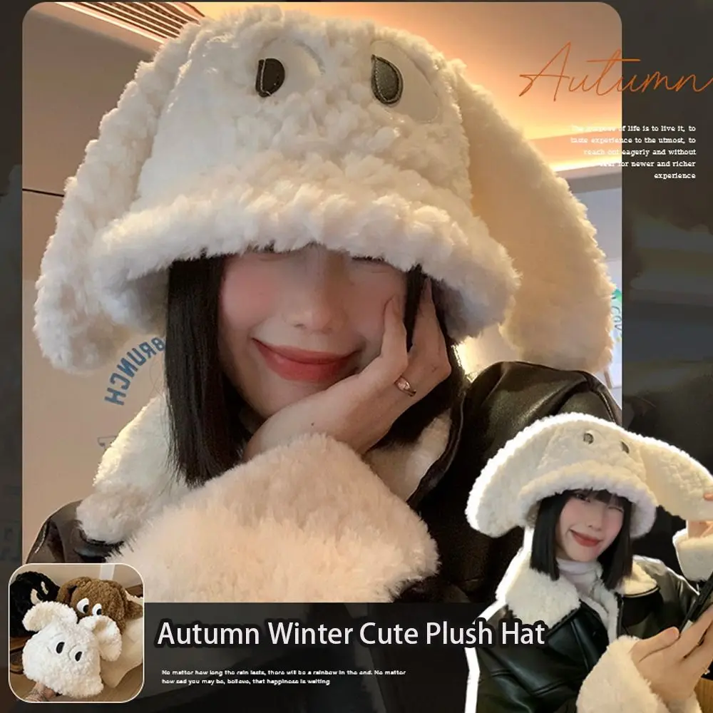 

Cute Big Eyes Dog Winter Bucket Hats Korean Warm Keeping Windproof Pullover Cap Plush Long Ears Beanies