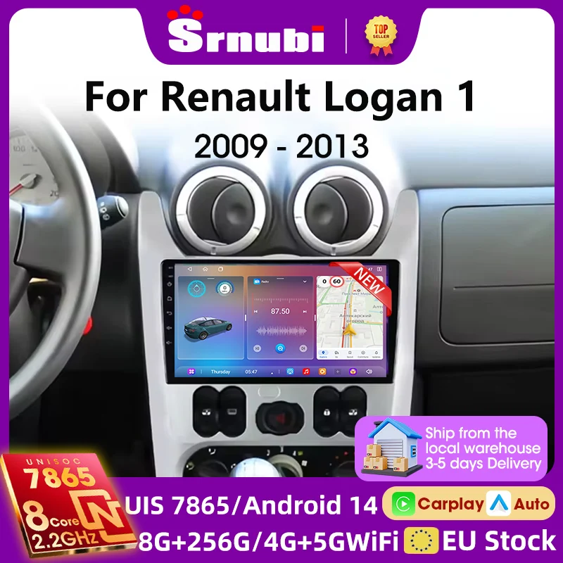 Radio samochodowe Android 14 z bezprzewodowym CarPlay i Auto do Renault Logan 1 Sandero 2009-2015 Dacia Duster, odtwarzacz multimedialny GPS Stereo 2din