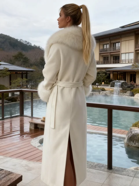 Retro Faux Fur Patchwork Woolen Maxi Coat Women Solid Full Sleeves V-neck Lace Up Loose Long Coats Lady Winter Commute Outwear 3