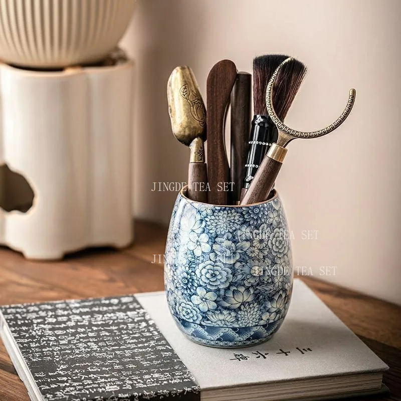 Vintage Blue and White Ceramic Tea Ceremony Six Gentlemen Tea Clip Brush Organizer Tea Accessories Set Accessories