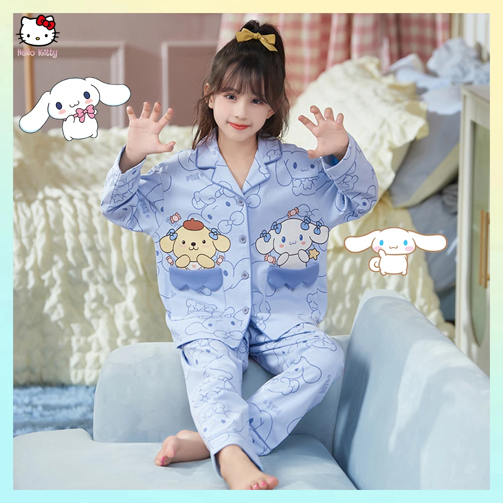 

Аниме Sanrioed детские пижамы Cinnamoroll Kuromi Hello Kitty Весенняя кавайная хлопковая одежда для сна для девочек домашняя одежда для родителей и детей