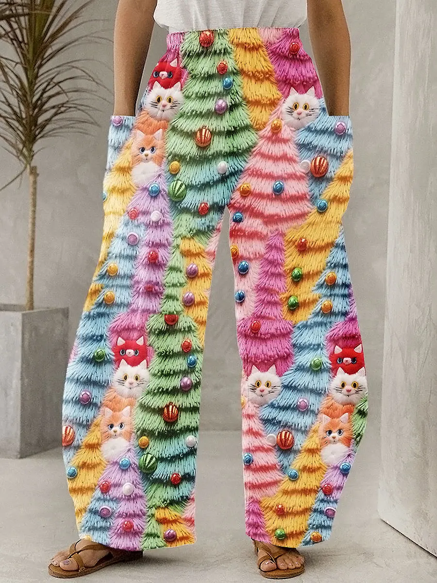 Spring Christmas Tree Print Pants Summer Casual Pocket Trousers Women Harajuku Y2K Trousers Loose Wide Leg Pants Chic Pantalon