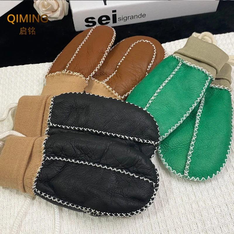 Winter Outdoor Girl Mittens Boys Kids Real Sheep Fur Gloves Warm Wool Gloves Children's Sheepskin Leather Plush Guantes Mitten