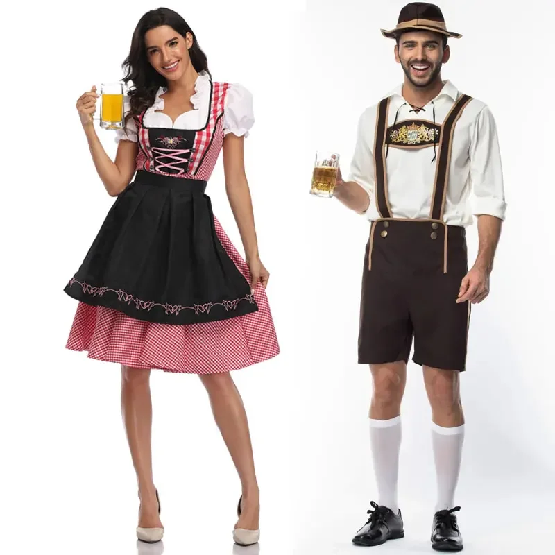 Donne Adult Bavaria Oktoberfest Dress Cameriera Vestito Da Cameriera Uomo Dirndl Lederhosen Beer Carnival Party Outfit Fancy Dress