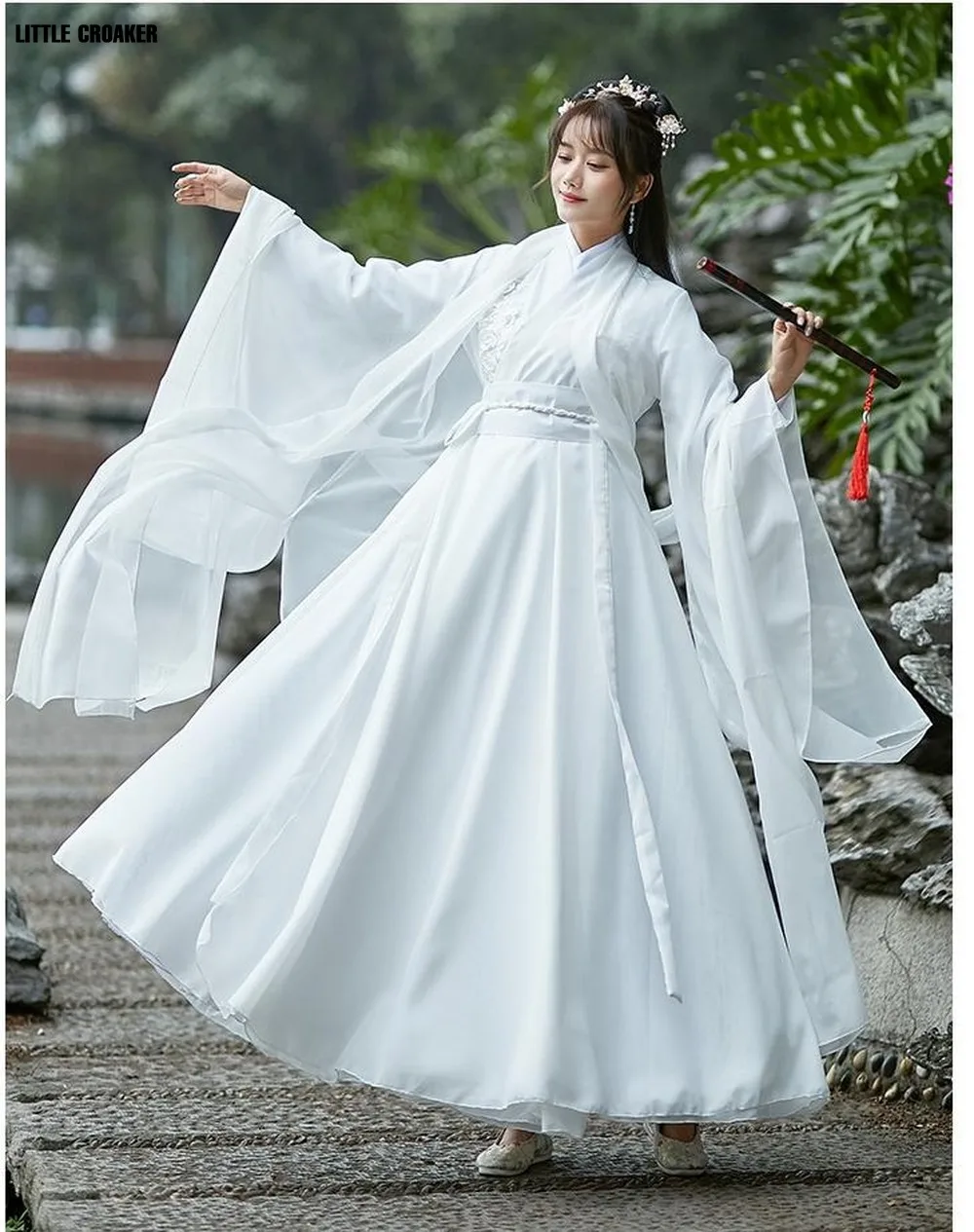 Halloween Ancient Princess Fairy Cosplay Costume Chinese Traditional Folk Dance Stage Performance White Hanfu Dress Woman