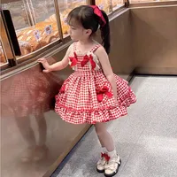 Robe Lolita pour filles, style été, robe de princesse élégante à carreaux pour enfants, robe d'été dos nu à bretelles pour bébé fille 4