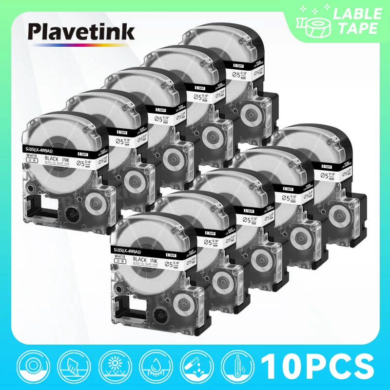 

PLAVETINK 10x SU5S LK-4WBA5 SU11S LK-6WBA Heat Shrink Tubes Φ9mm/18mm Black on White Tape for Epson/KingJim LW-300 Label Maker