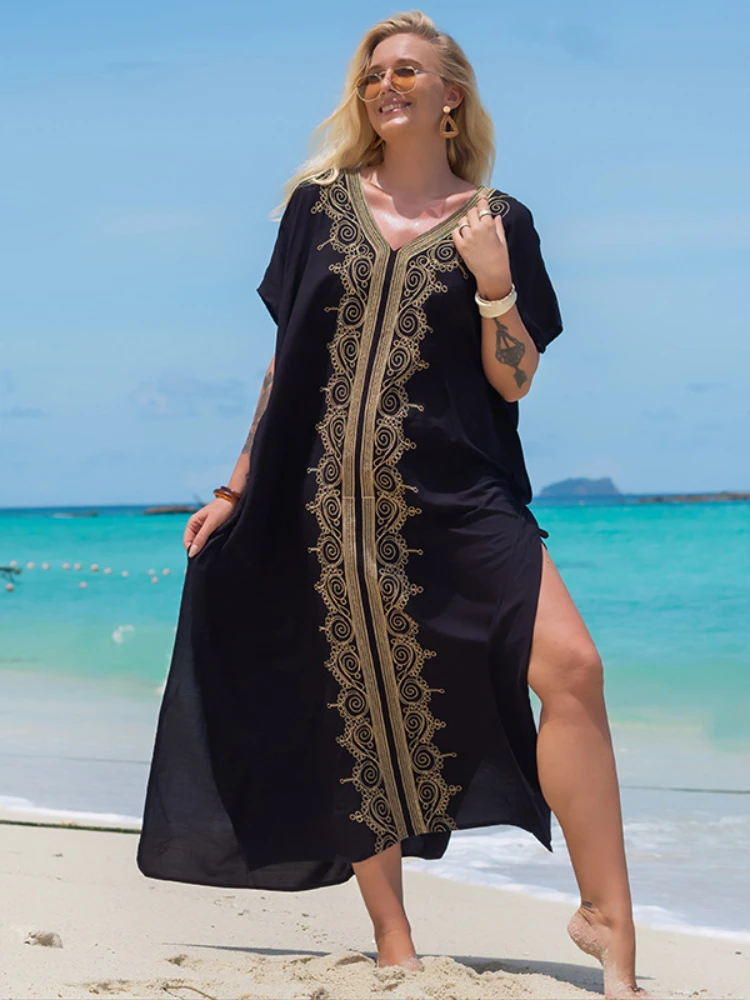 

Bohemian Dress Gold Embroideried Beach Cover Up Short Sleeve Kaftans for Women Elegant Swimsuit Tunic Bathing Suits Dropshipping