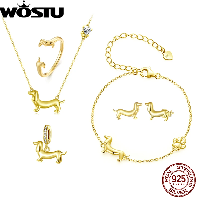 WOSTU Solid 925 Silver Dachshund Pendant Necklace 18K Gold Pet Paw Chain Link Dog Charm bracelets Earrings Rings For Pet Lover 1