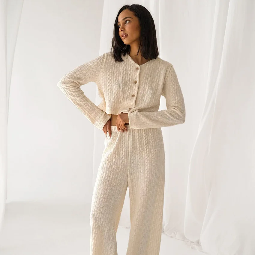 Simple Warm Knit Sleepwear Suit Cardigan V-Neck Stripe Women Home Pajamas Long Sleeve Casual Pants Two-piece Quilted Nightgown