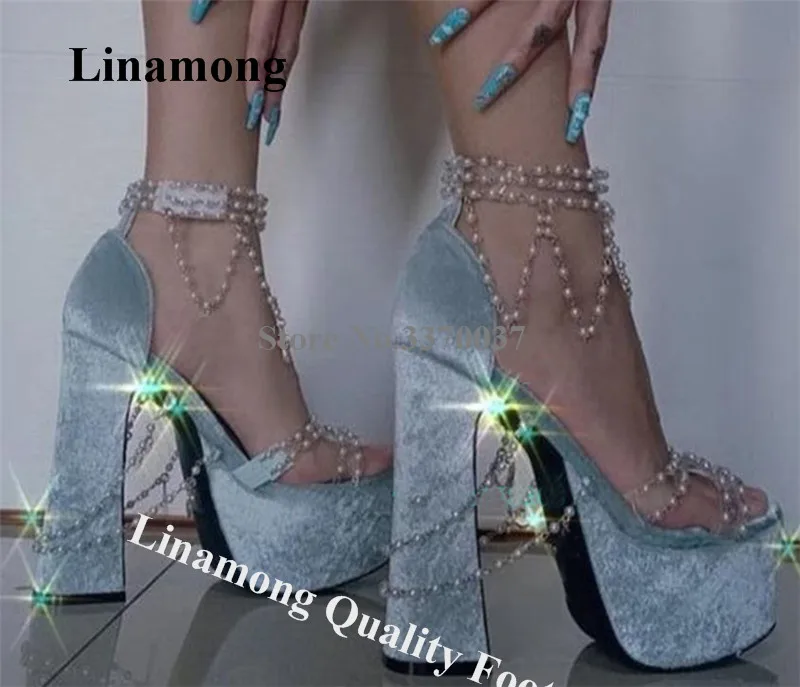 

Silk Platform Chains Sandals Linamong Newest Charming Open Toe Diamond Straps Chunky Heel Shoes Silver Pink White PVC High Heels
