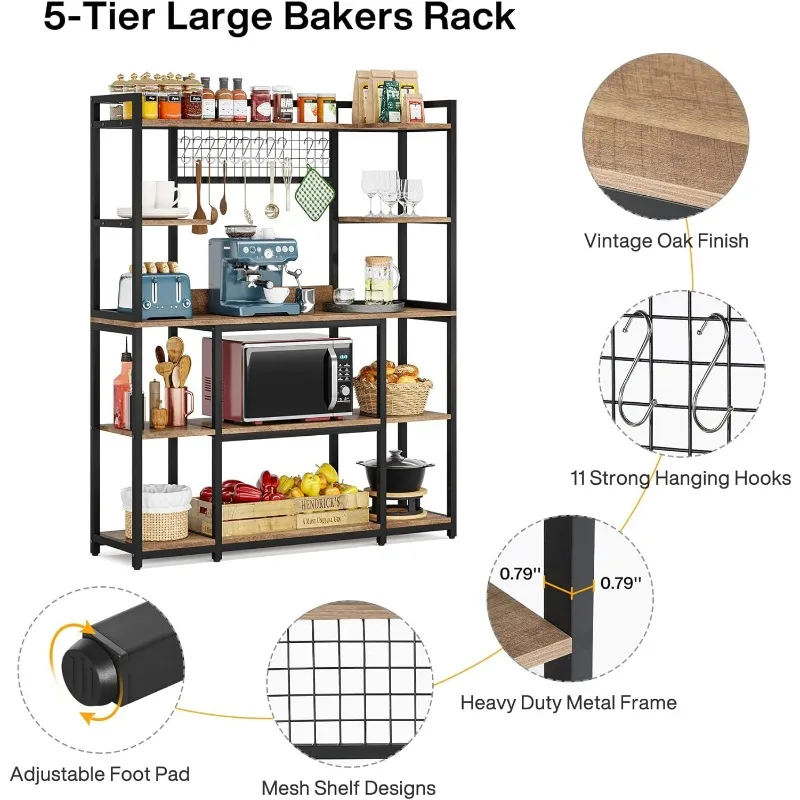 Large Bakers Rack, Kitchen Hutch Cabinet Microwave Stand with 11 Hooks,5-Tier Baker’s Rack Kitchen Storage Shelf Rack with Hutch