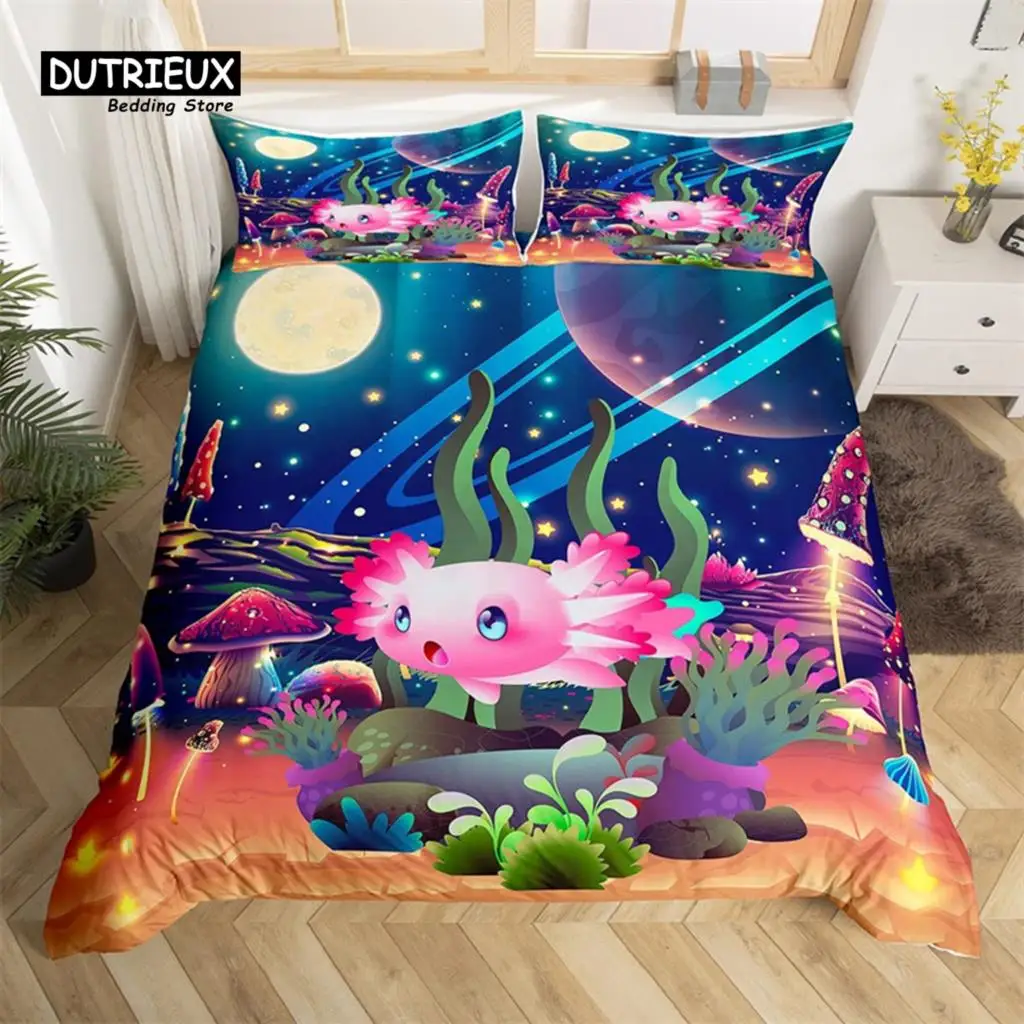 

Cartoon Axolotl Duvet Cover Single Twin King Wildlife Animal Bedding Set Microfiber Galaxy Mushroom Comforter Cover For Boy Girl
