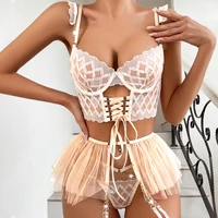 2024 Hot Sales New Fashion Diamond Lattice Embroidery Sexy Women'S Underwear Three-Piece Strappy Mesh Tutu Erotic Bra Thong Set 2