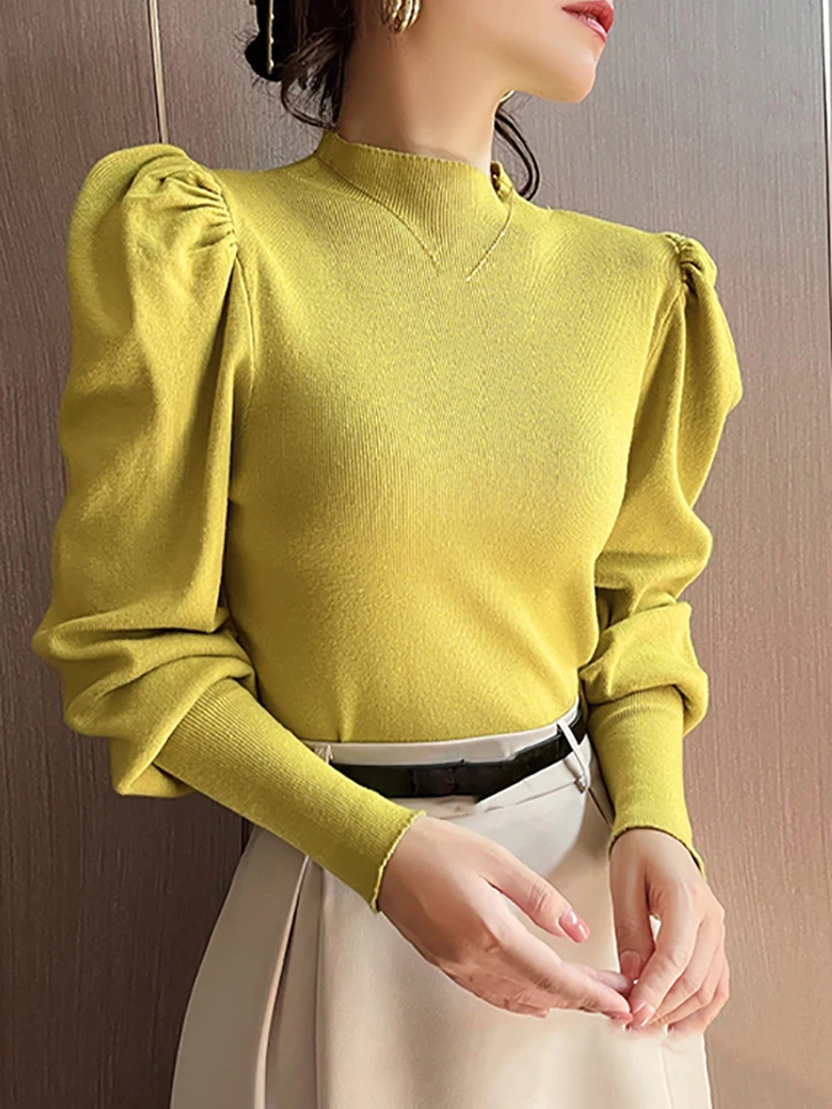 Autumn Winter Sweater Turtleneck Slim Fit Basic Pullovers Fashion Korean Knit Tops Puff Sleeve Womens Sweater Stretch Jumpers 6