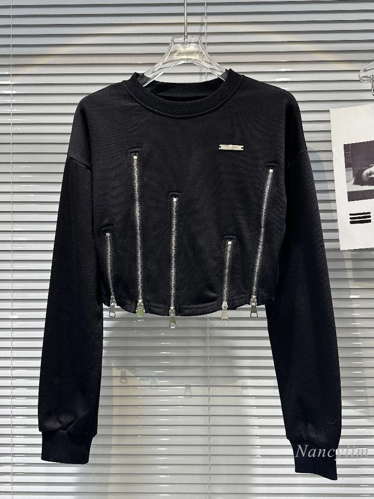 

2023 Autumn New Metal Zipper Hem Workwear Long Sleeve Black T-shirt for Women Short Sweatshirt Street Casual Top Pullovers