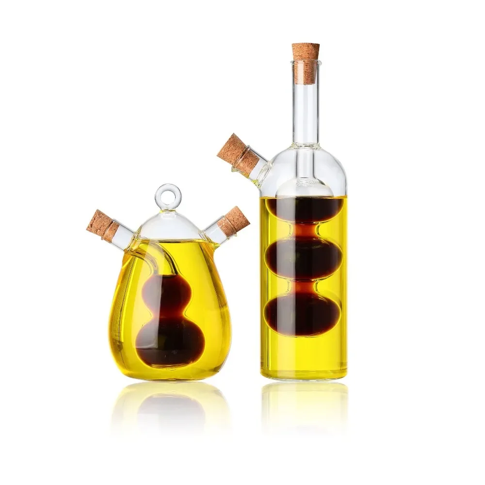 Two-in-one High Borosilicate Glass Oil Pot condiment squeeze bottles seasoning jars with Two Mouths and Fine Mouths for Kitchen Sealed Sauce and Vinegar Seasoning Bottle