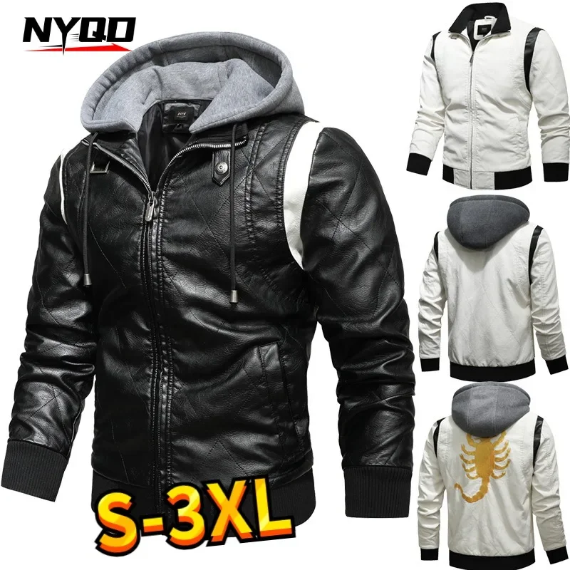 Autumn Winter Bomber Leather Jacket Men Scorpion Embroidery Hooded Jacket PU Leather Motorcycle Mens Ryan Gosling Drive